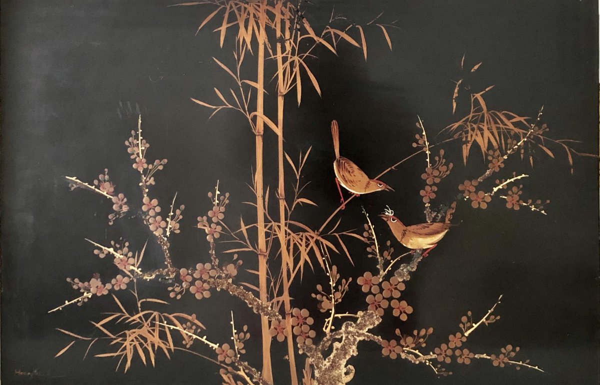 Vietnam, 1950s, Lacquer Panel Decor With Birds And Vegetation Hoang Thanh.-photo-2