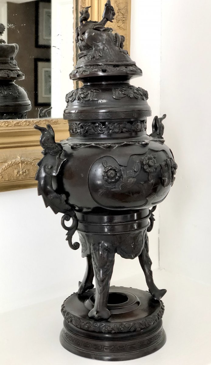Chine, XIXème Siècle, Important Brûle-parfum en Bronze à Décor de Dragons et d'Oiseaux.-photo-2