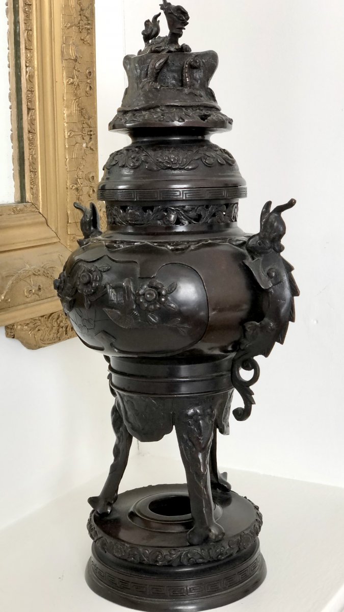 Chine, XIXème Siècle, Important Brûle-parfum en Bronze à Décor de Dragons et d'Oiseaux.-photo-3