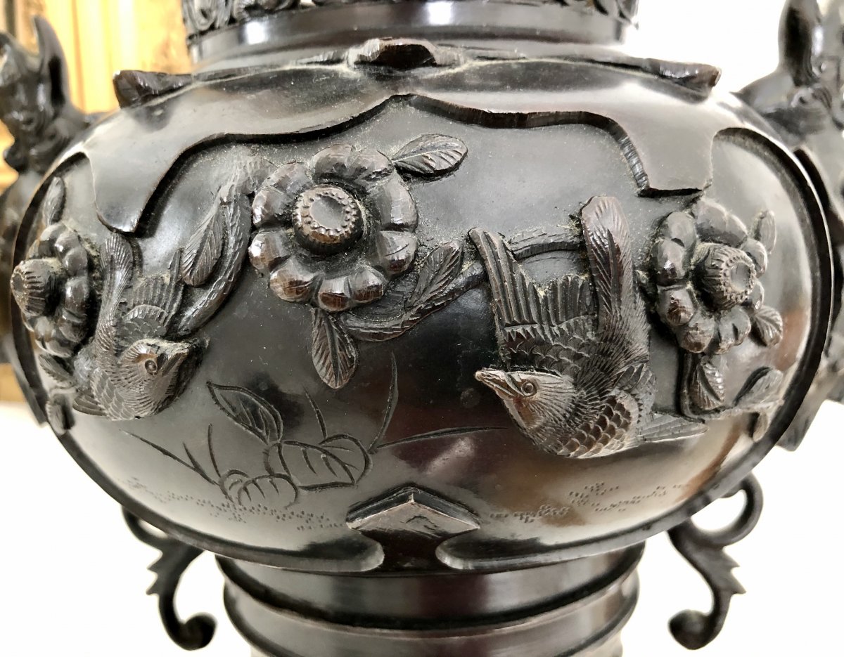 Chine, XIXème Siècle, Important Brûle-parfum en Bronze à Décor de Dragons et d'Oiseaux.-photo-4