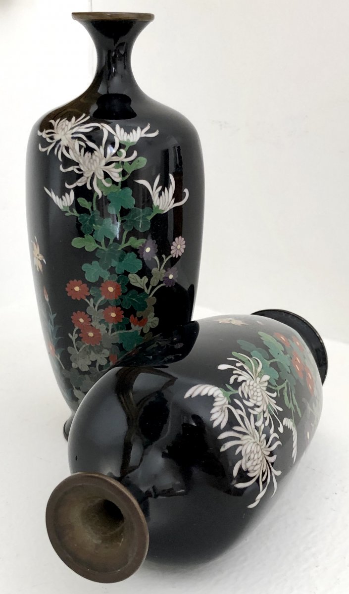 Japon, Dernier Tiers XIXème Siècle, ère Meiji, Paire De Vases émaux Cloisonnés Au Fil d'Argent.-photo-4