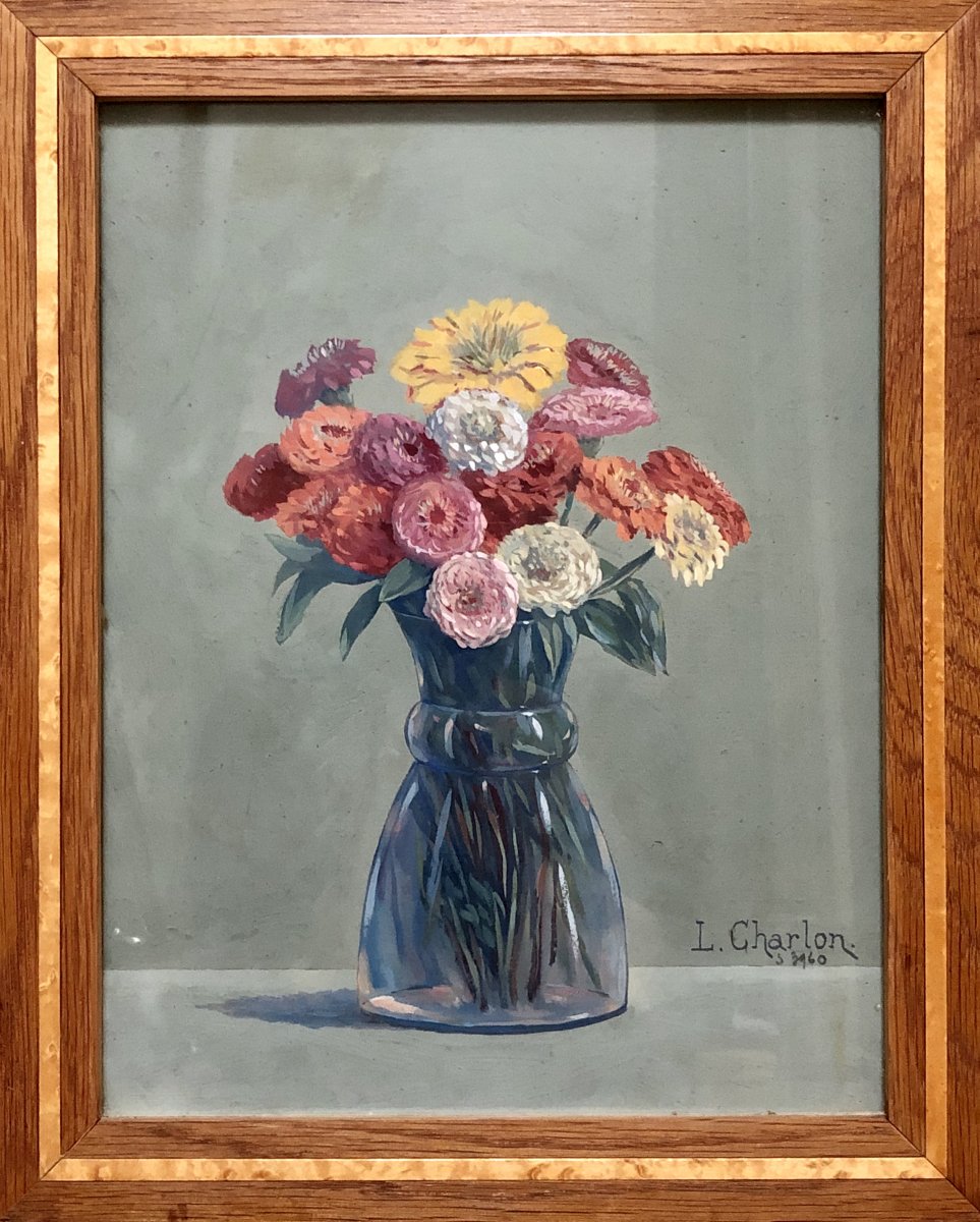 Léon-paul Charlon, Gouache Bouquet Of Flowers 1938.-photo-2