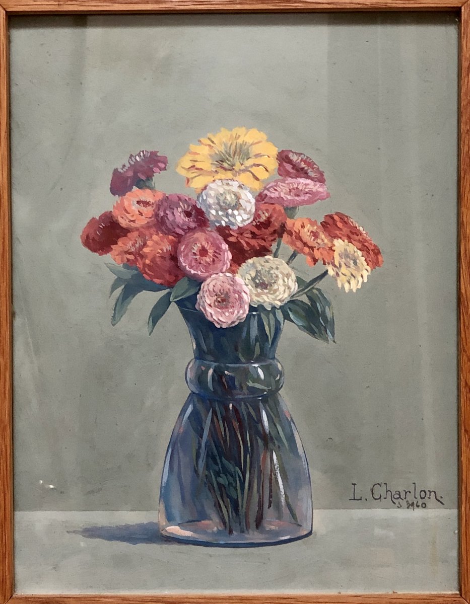 Léon-paul Charlon, Gouache Bouquet Of Flowers 1938.-photo-3