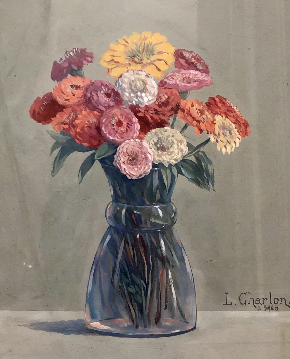 Léon-paul Charlon, Gouache Bouquet Of Flowers 1938.-photo-4