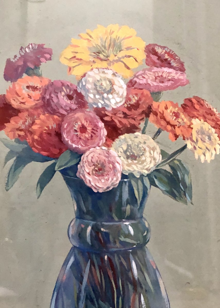 Léon-paul Charlon, Gouache Bouquet Of Flowers 1938.-photo-2