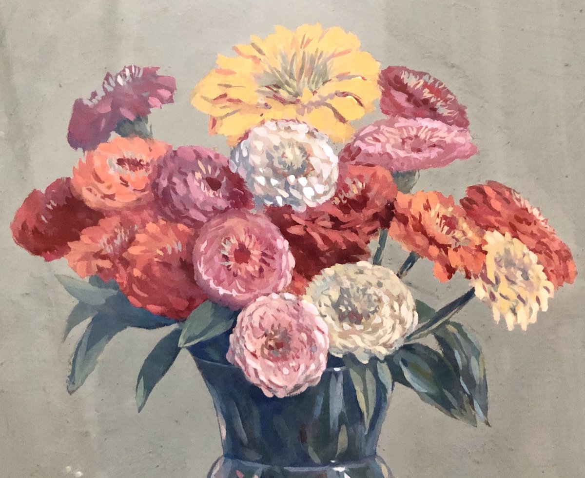 Léon-paul Charlon, Gouache Bouquet Of Flowers 1938.-photo-3