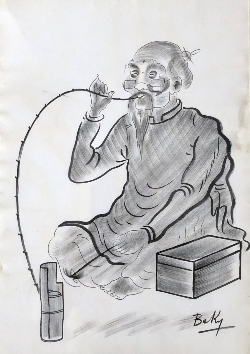 Vietnam, 1950s, Portrait Of Opium Smoker With Chinese Ink On Silk Signed Beky.-photo-2