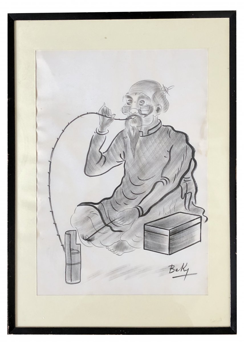 Vietnam, 1950s, Portrait Of Opium Smoker With Chinese Ink On Silk Signed Beky.