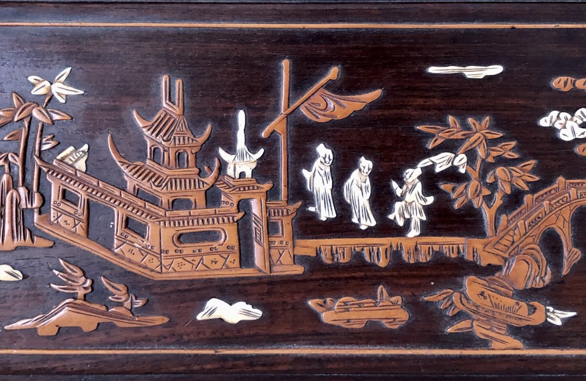 Vietnam Around 1900, Panel Inlaid With Boxwood And Ivory Decor From Animated Scenes.-photo-2