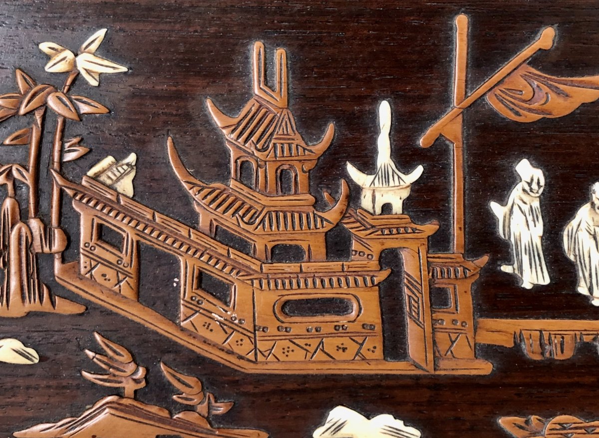 Vietnam Around 1900, Panel Inlaid With Boxwood And Ivory Decor From Animated Scenes.-photo-1