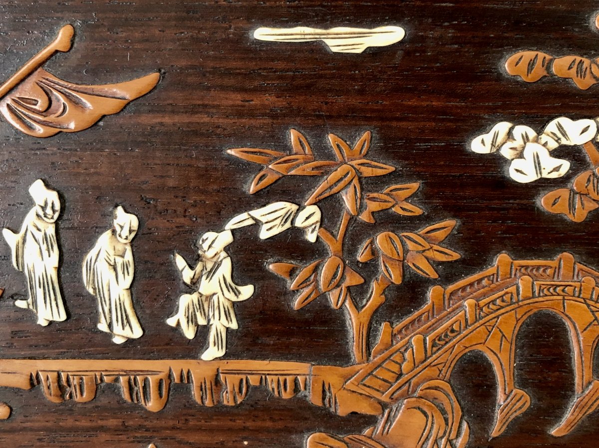 Vietnam Around 1900, Panel Inlaid With Boxwood And Ivory Decor From Animated Scenes.-photo-2