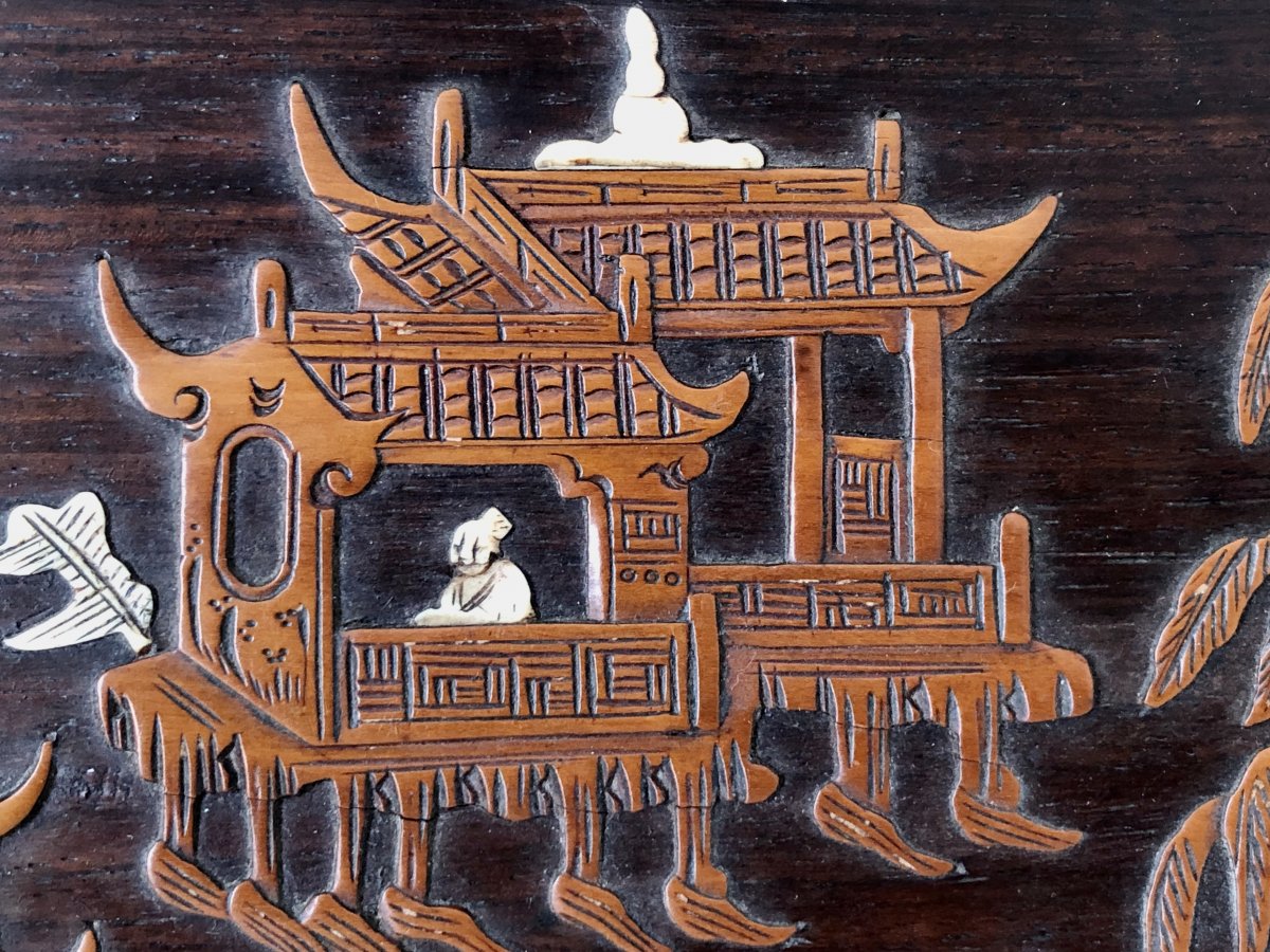 Vietnam Around 1900, Panel Inlaid With Boxwood And Ivory Decor From Animated Scenes.-photo-4