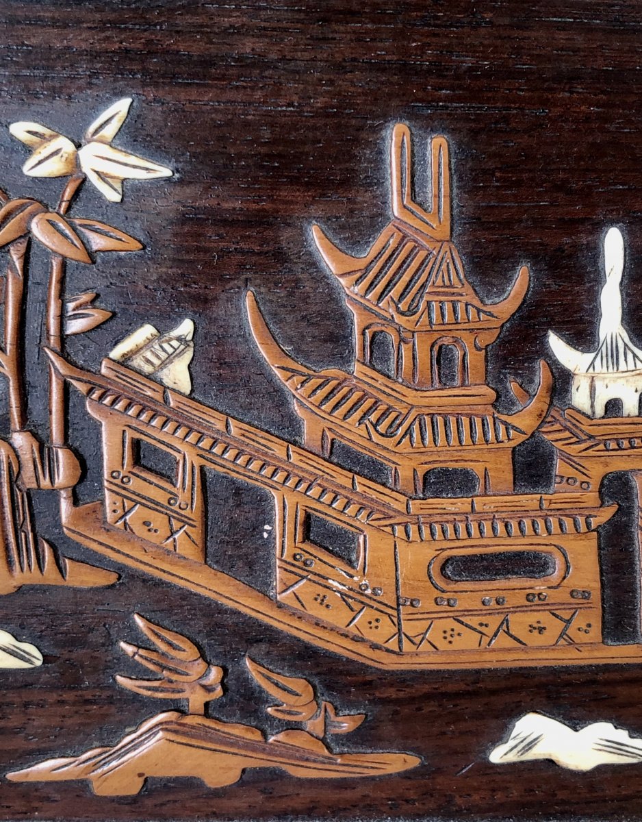 Vietnam Around 1900, Panel Inlaid With Boxwood And Ivory Decor From Animated Scenes.-photo-5