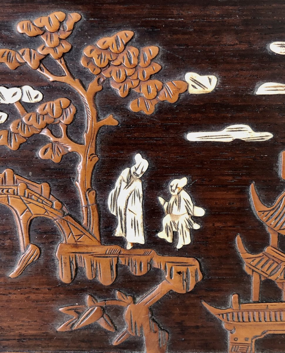 Vietnam Around 1900, Panel Inlaid With Boxwood And Ivory Decor From Animated Scenes.-photo-7
