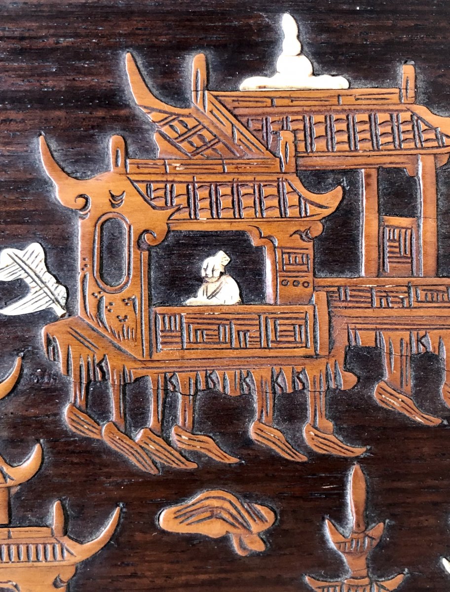 Vietnam Around 1900, Panel Inlaid With Boxwood And Ivory Decor From Animated Scenes.-photo-8