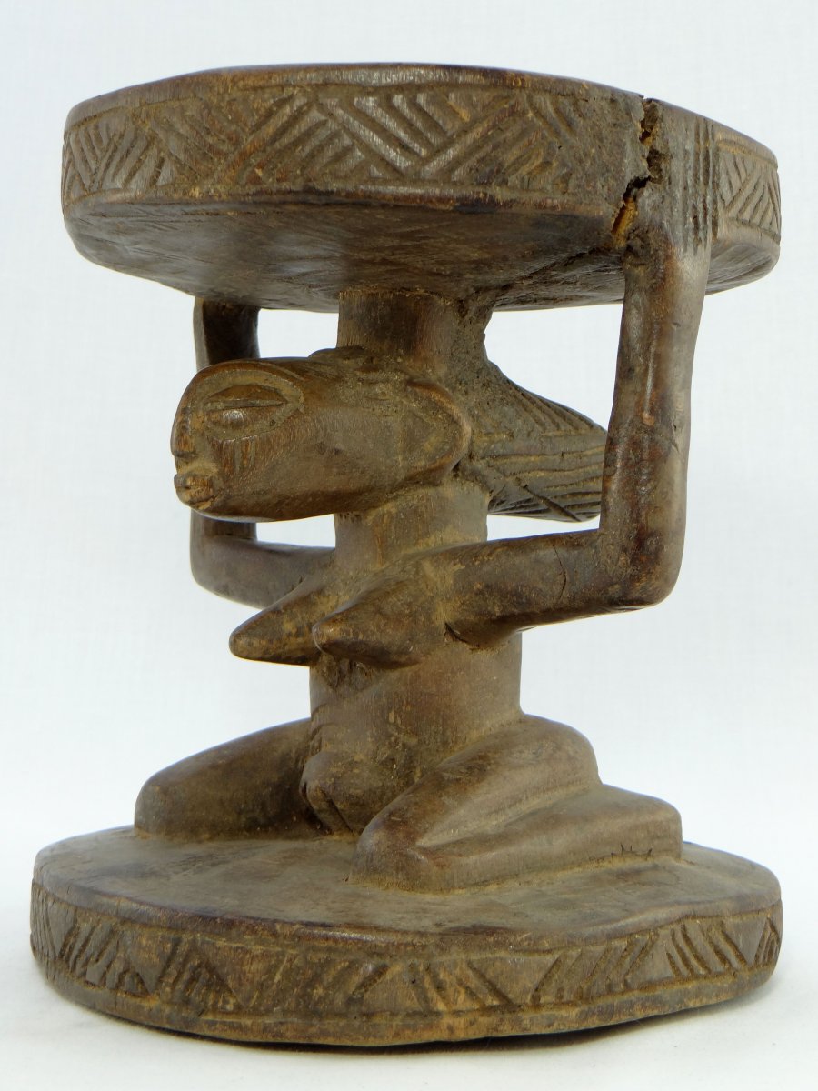 Rep. Dem. From Congo, Luba / Hemba People, Cariatide Wood Carved Head Female Character.-photo-2