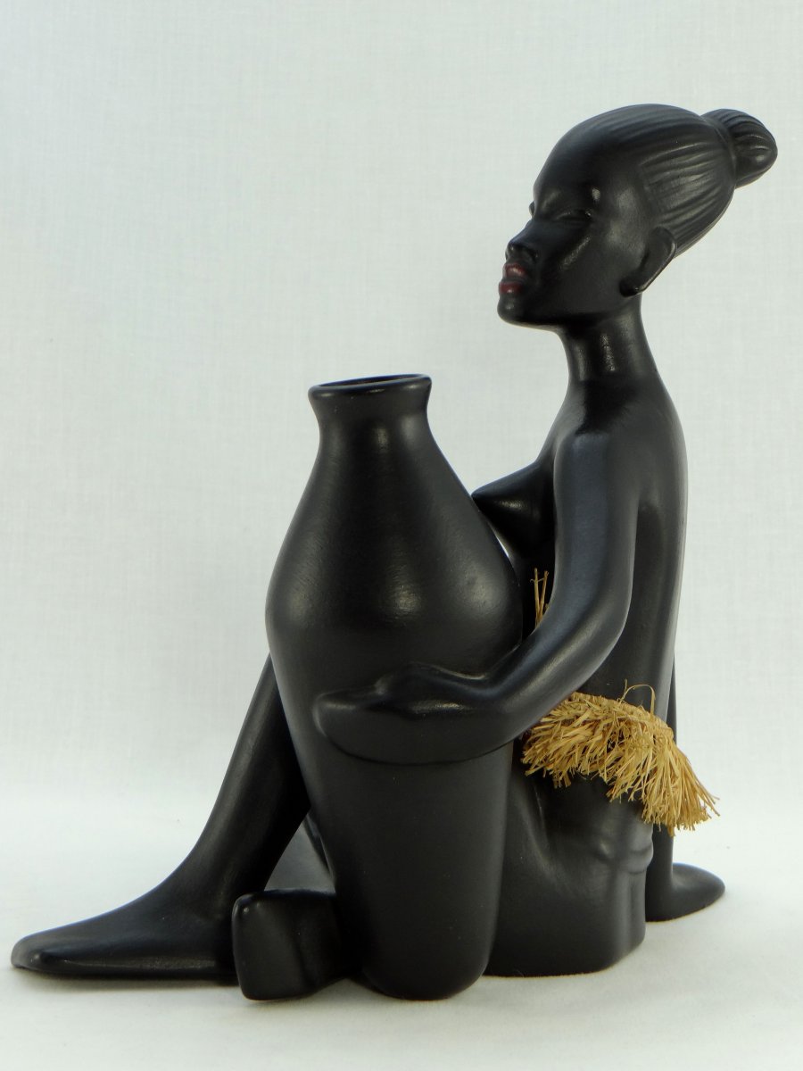 Années 1950, Autriche Manufacture Gmündner, Statuette Africaniste En Céramique.-photo-3
