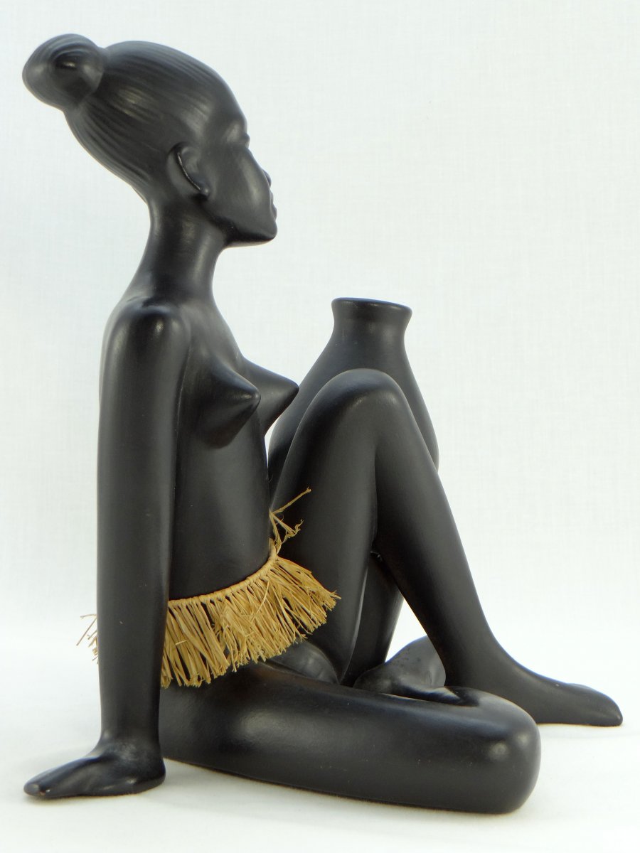Années 1950, Autriche Manufacture Gmündner, Statuette Africaniste En Céramique.-photo-2