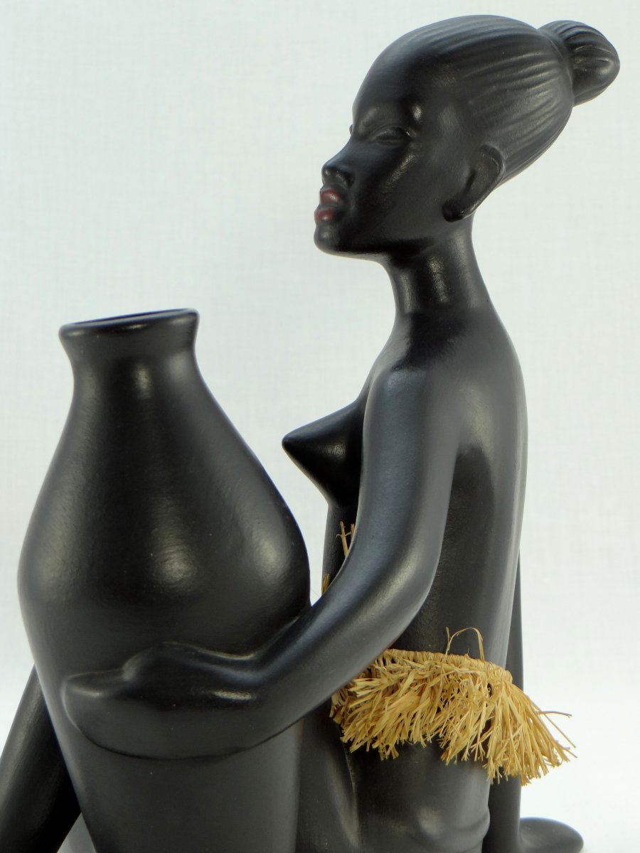 Années 1950, Autriche Manufacture Gmündner, Statuette Africaniste En Céramique.-photo-3