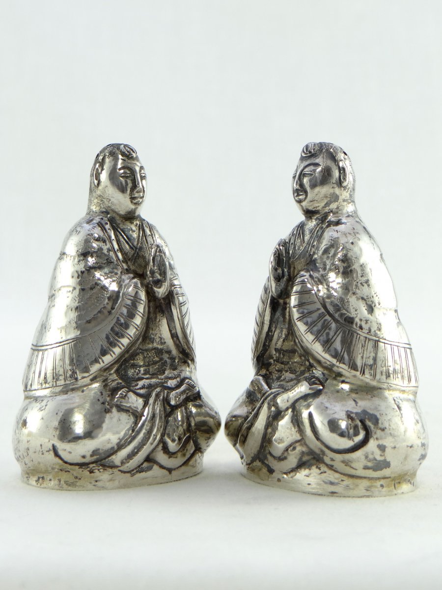 China, Mid 20th Century, Pair Of Silver Salt Shakers Representing Bodhisattva.-photo-2