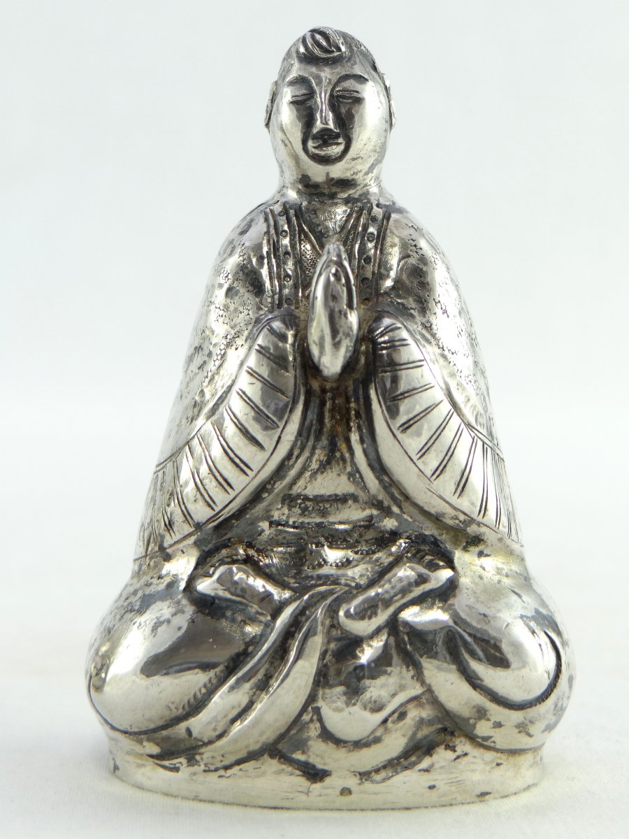 China, Mid 20th Century, Pair Of Silver Salt Shakers Representing Bodhisattva.-photo-4