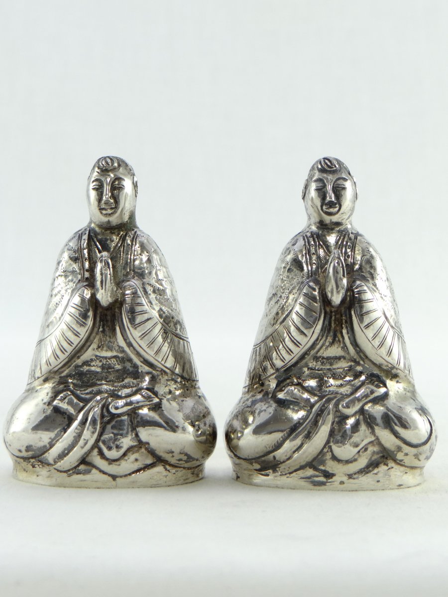 China, Mid 20th Century, Pair Of Silver Salt Shakers Representing Bodhisattva.