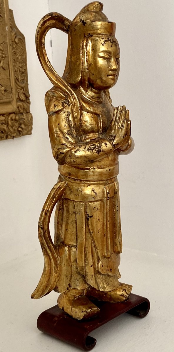China Or Vietnam Around 1900, Lacquered Wood Statue Of Wei Tuo, Guardian Of The Temple.-photo-2