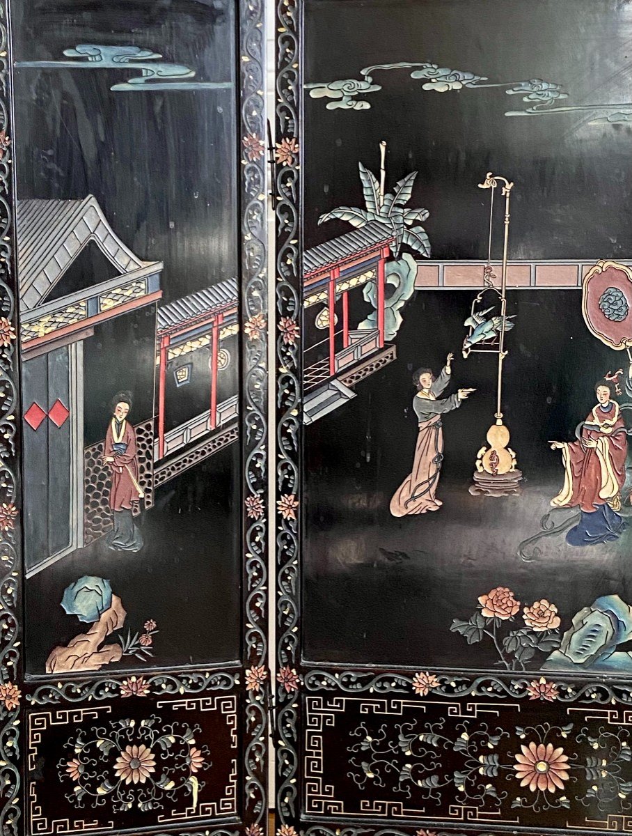 China, First Third Of The XXth Century, Important Lacquer Triptych Screen.-photo-3