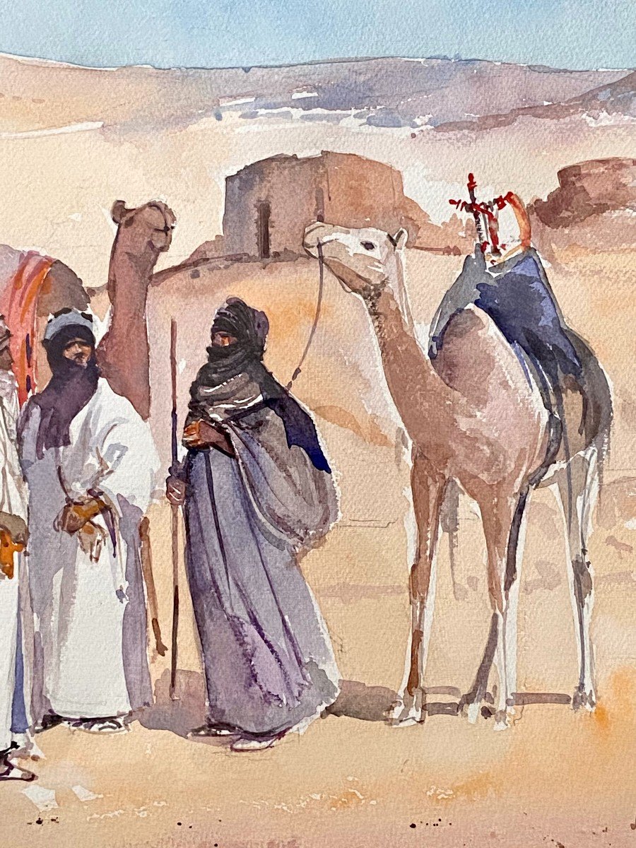 Michel Burbeau, Orientalist Watercolor Animated Scene In An Atlas Village.-photo-1