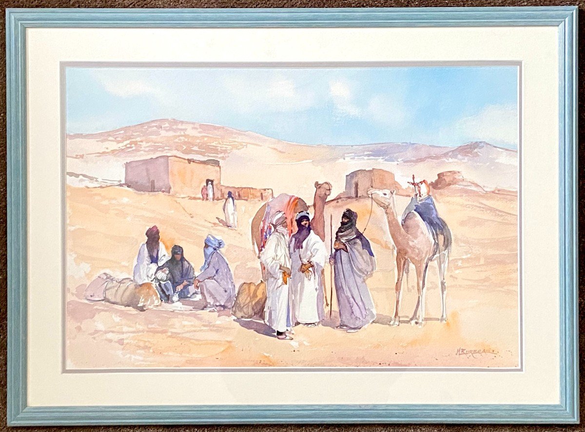 Michel Burbeau, Orientalist Watercolor Animated Scene In An Atlas Village.