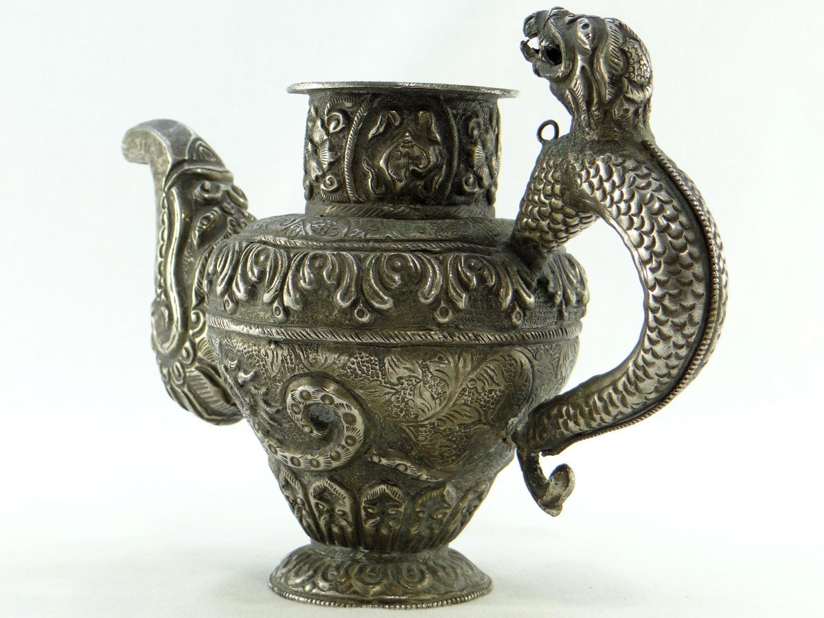 Tibet, Early 20th Century, Repoussé Silver Teapot.-photo-1
