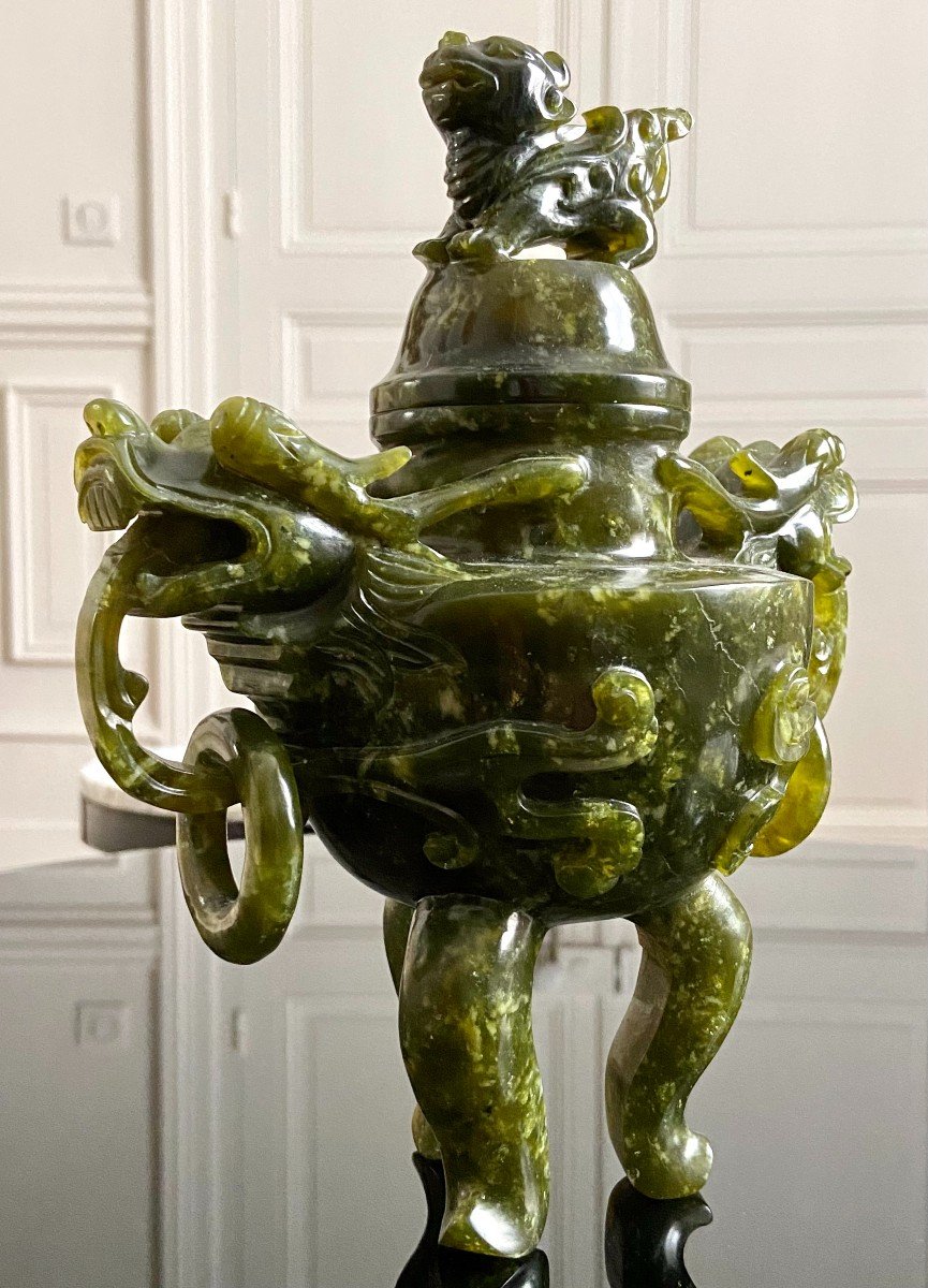 Chine, Années 1950/1960, Pot Couvert En Pierre Dure Verte De Type Jade.-photo-3