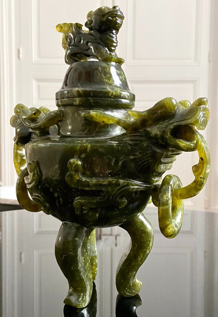 Chine, Années 1950/1960, Pot Couvert En Pierre Dure Verte De Type Jade.-photo-4
