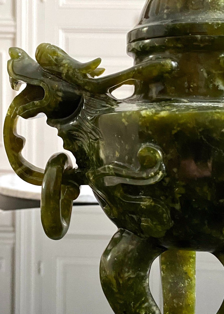 Chine, Années 1950/1960, Pot Couvert En Pierre Dure Verte De Type Jade.-photo-3