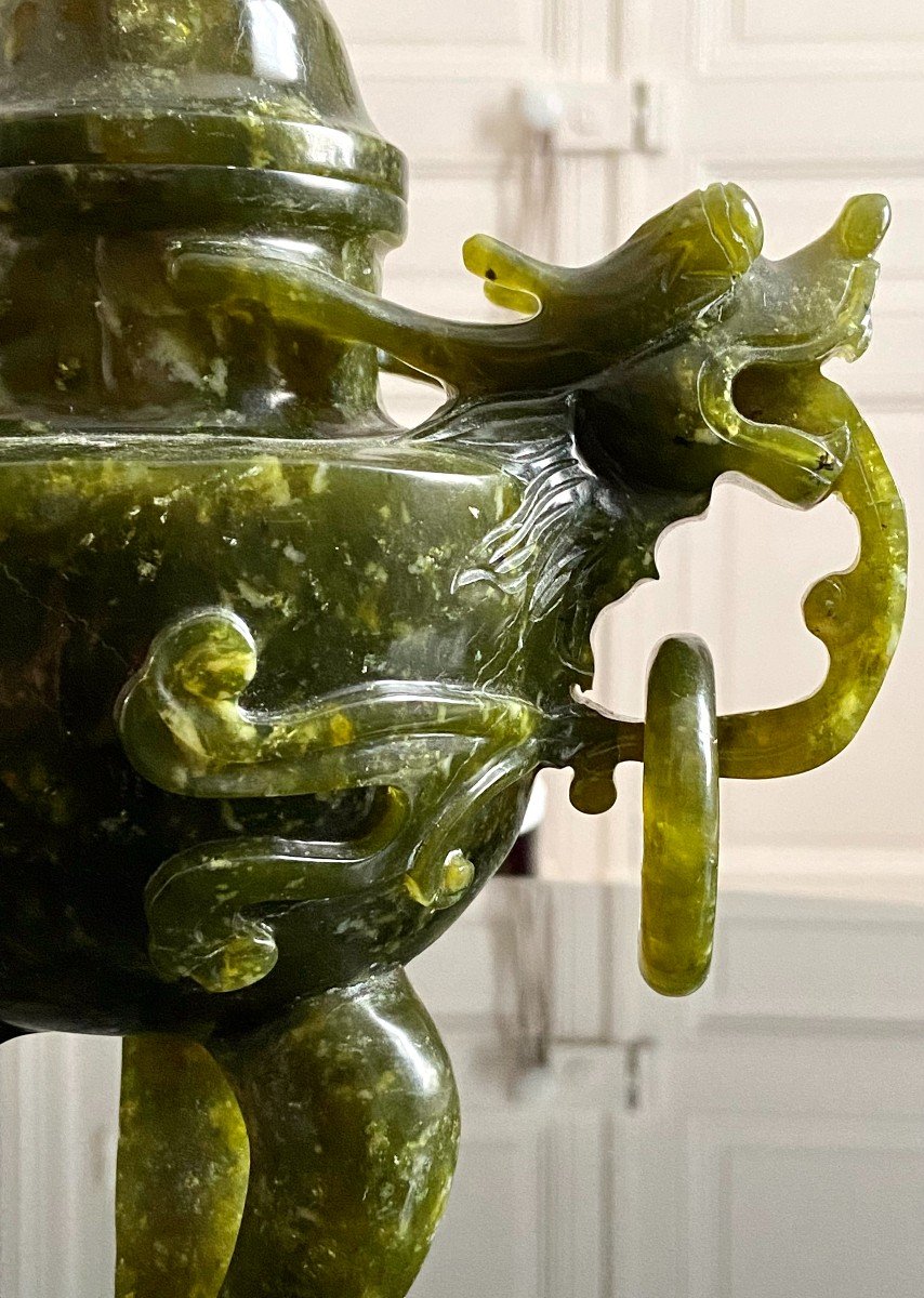 Chine, Années 1950/1960, Pot Couvert En Pierre Dure Verte De Type Jade.-photo-4