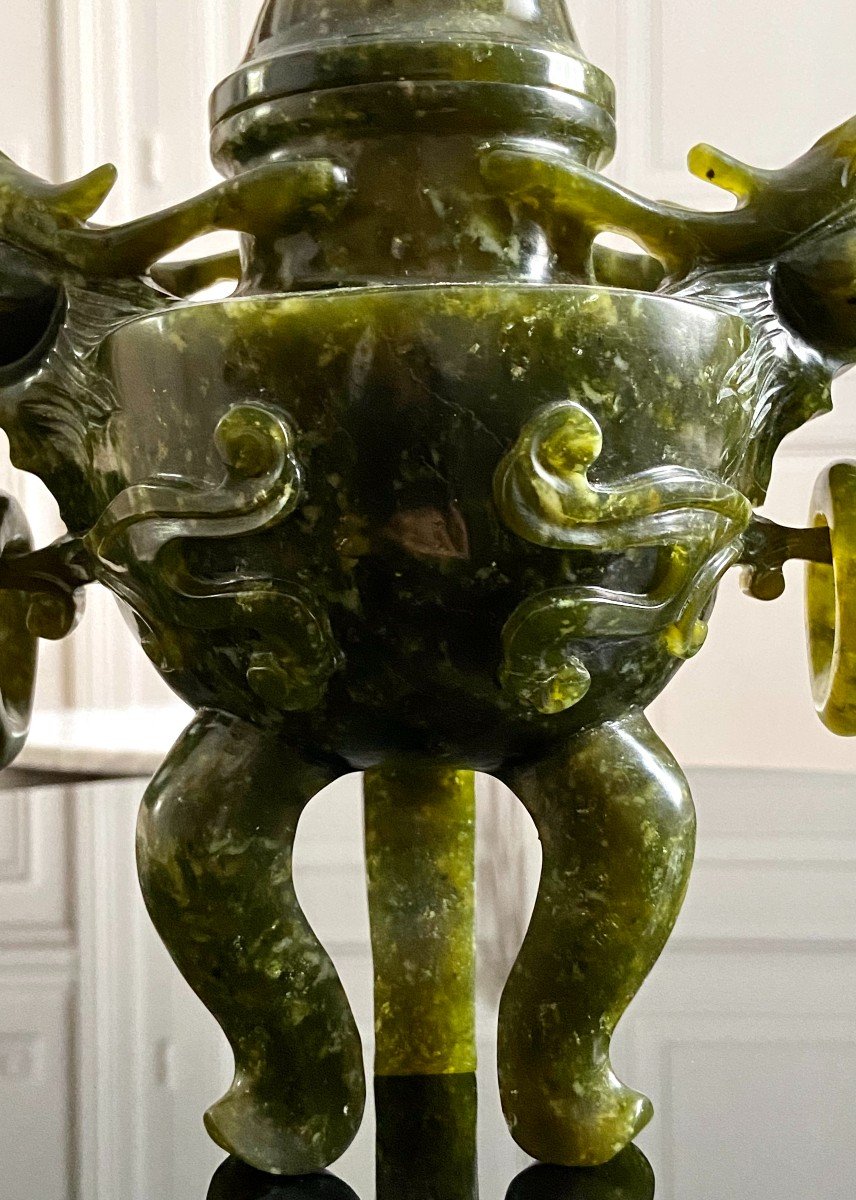 Chine, Années 1950/1960, Pot Couvert En Pierre Dure Verte De Type Jade.-photo-7