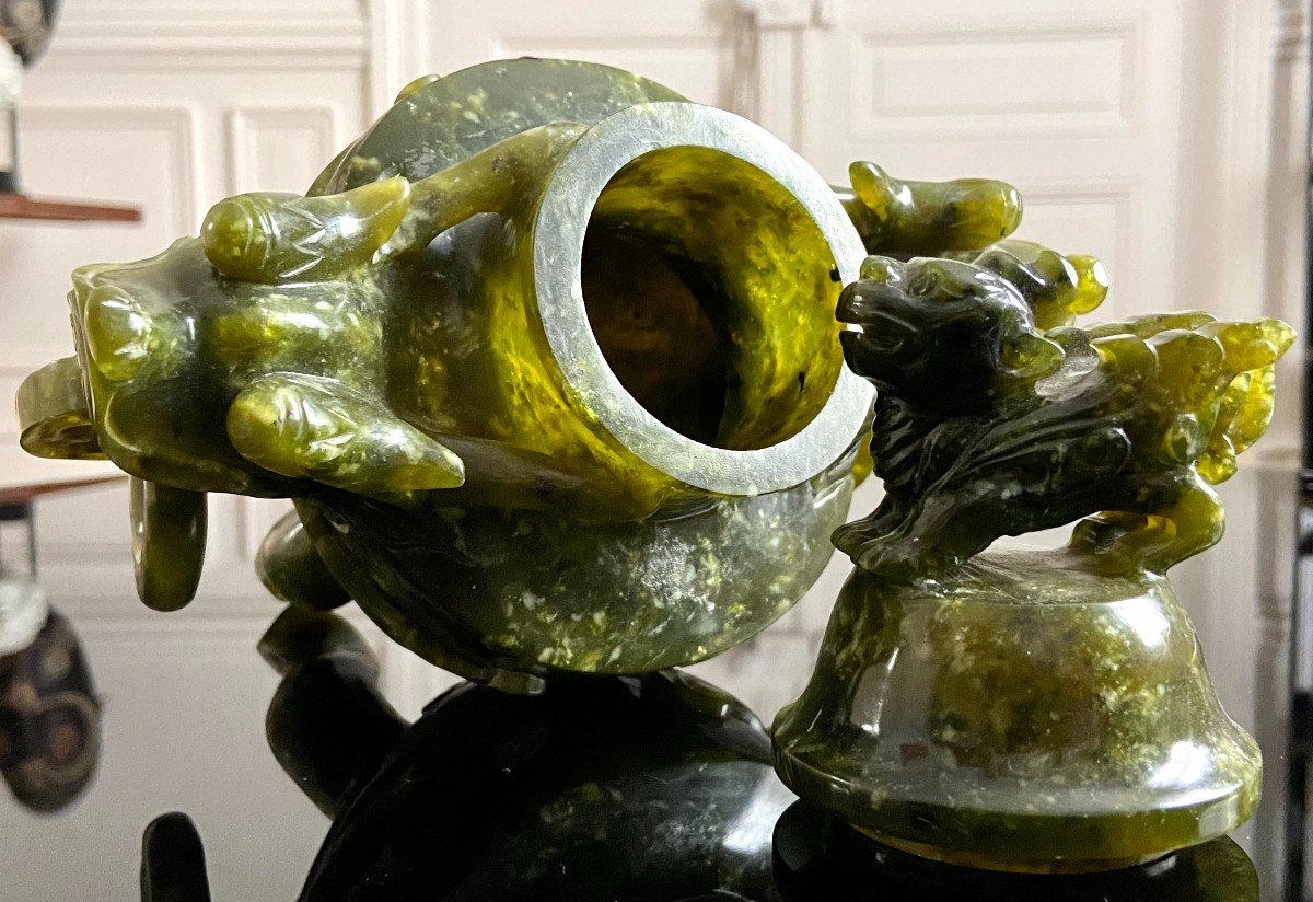 Chine, Années 1950/1960, Pot Couvert En Pierre Dure Verte De Type Jade.-photo-8