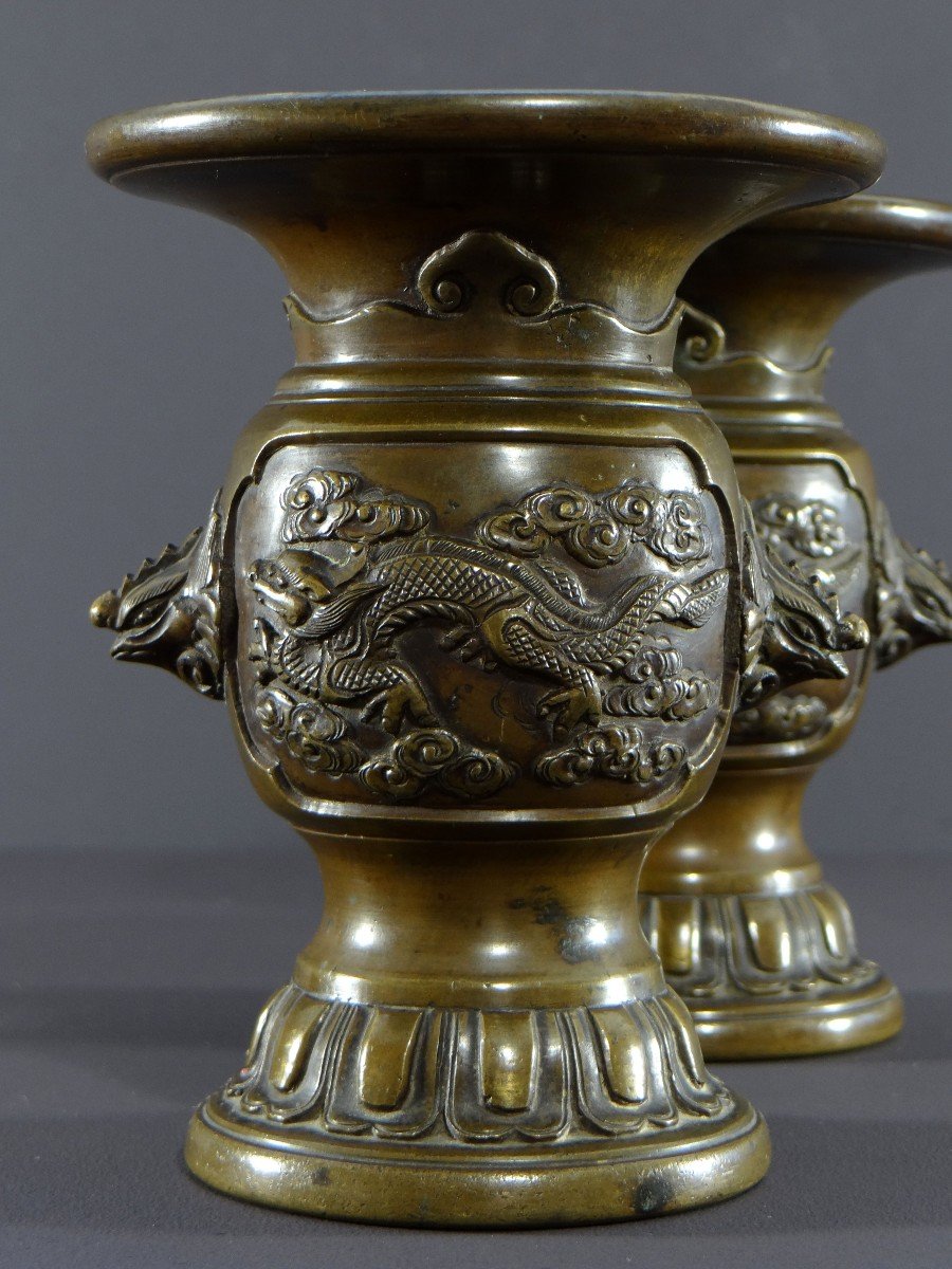 China, Qing Dynasty, XIXth Century, Pair Of Bronze Vases With Dragons, Turtles, Roosters Motifs.-photo-1