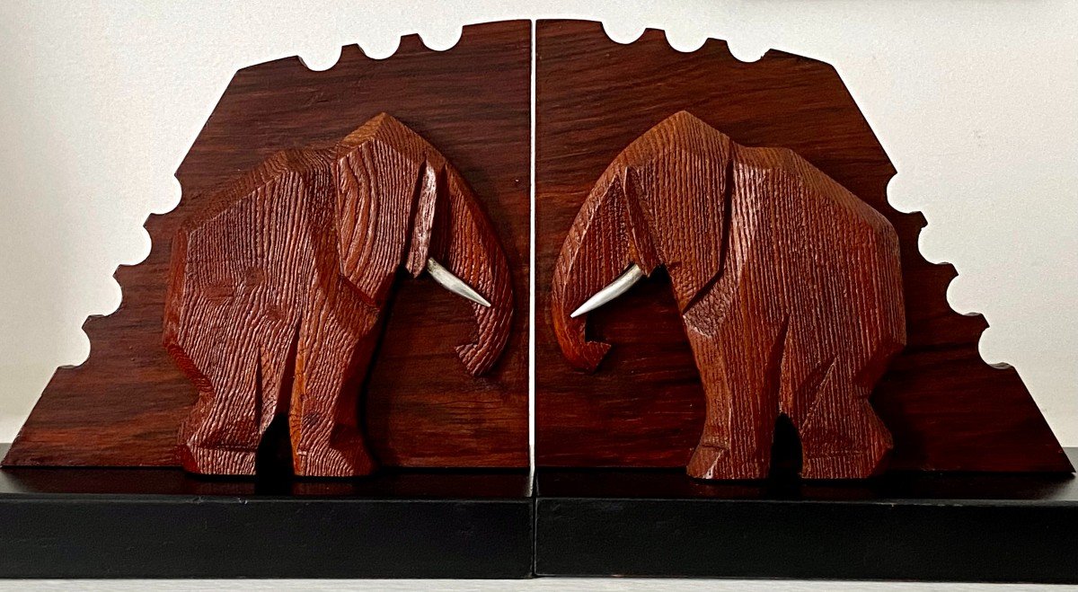 France, 1930s/1950s, Pair Of Elephant Bookends In Wood And Metal.-photo-4