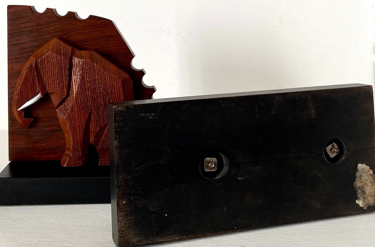 France, 1930s/1950s, Pair Of Elephant Bookends In Wood And Metal.-photo-4