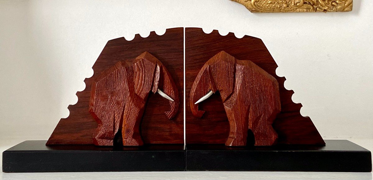 France, 1930s/1950s, Pair Of Elephant Bookends In Wood And Metal.
