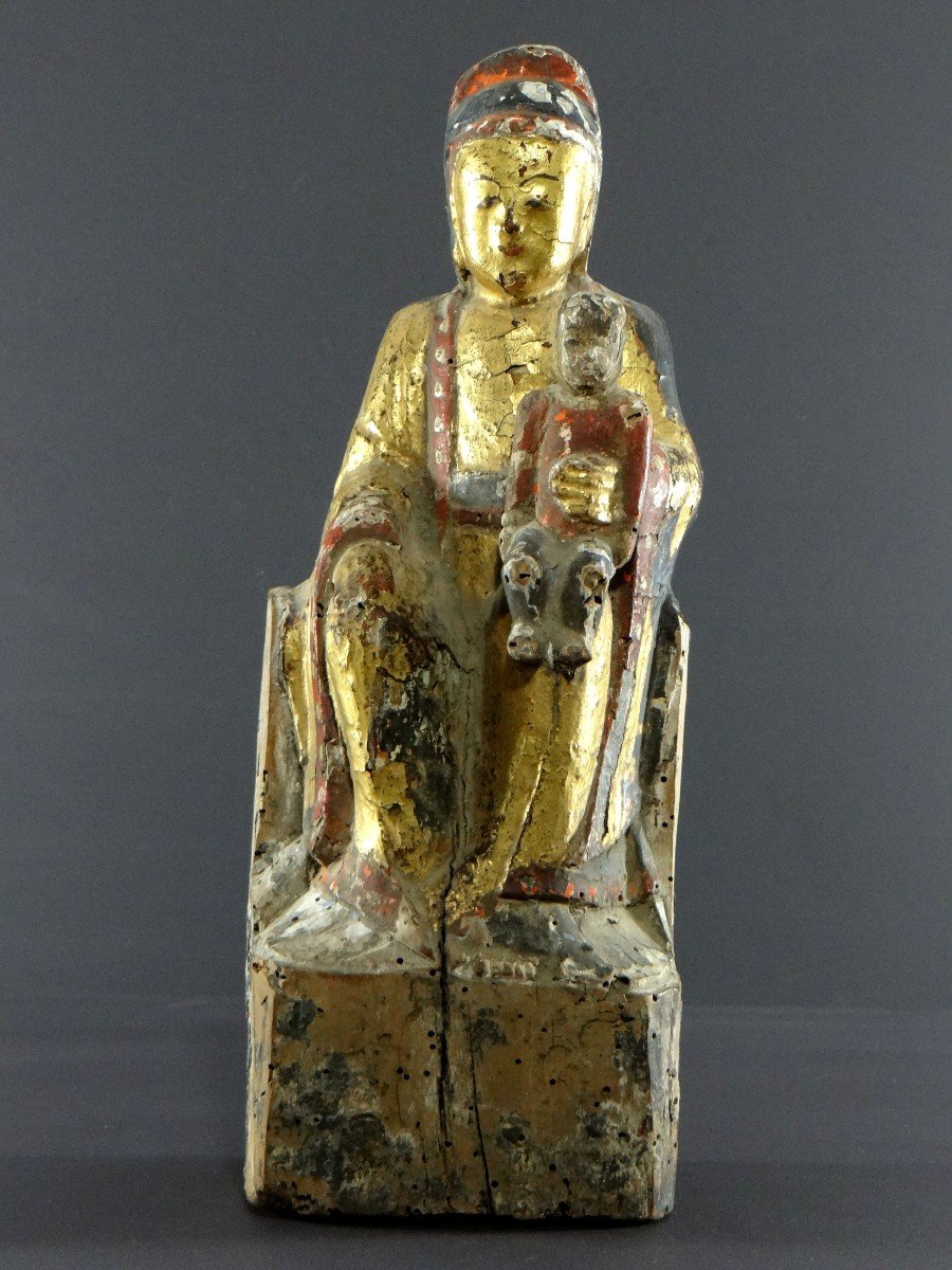 Chine, Fin époque Ming, Début époque Qing, XVIIème Siècle, Statue Kouan Yin Bois Laqué Et Doré.-photo-2