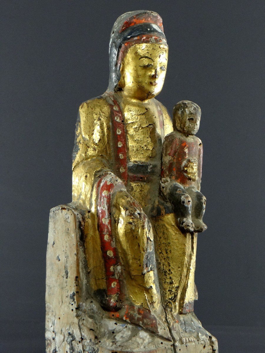 Chine, Fin époque Ming, Début époque Qing, XVIIème Siècle, Statue Kouan Yin Bois Laqué Et Doré.-photo-4