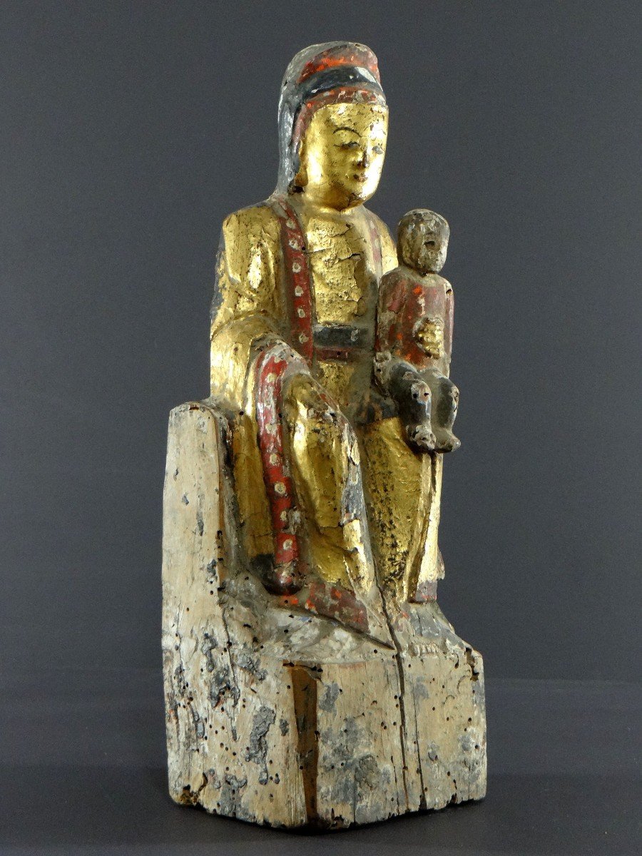 Chine, Fin époque Ming, Début époque Qing, XVIIème Siècle, Statue Kouan Yin Bois Laqué Et Doré.