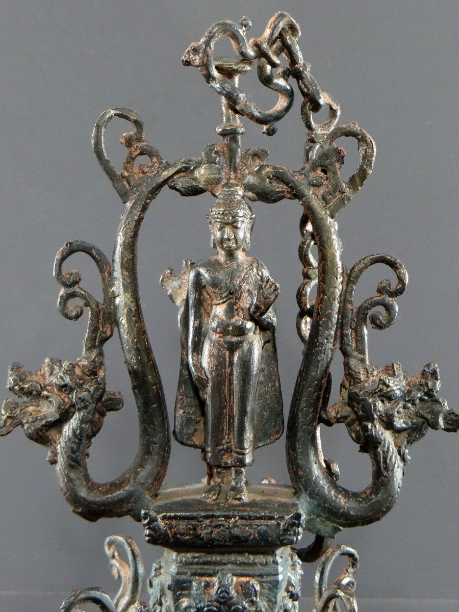 North India, First Half Of The 20th Century, Copper Bronze Temple Lamp Buddha Decor.-photo-3