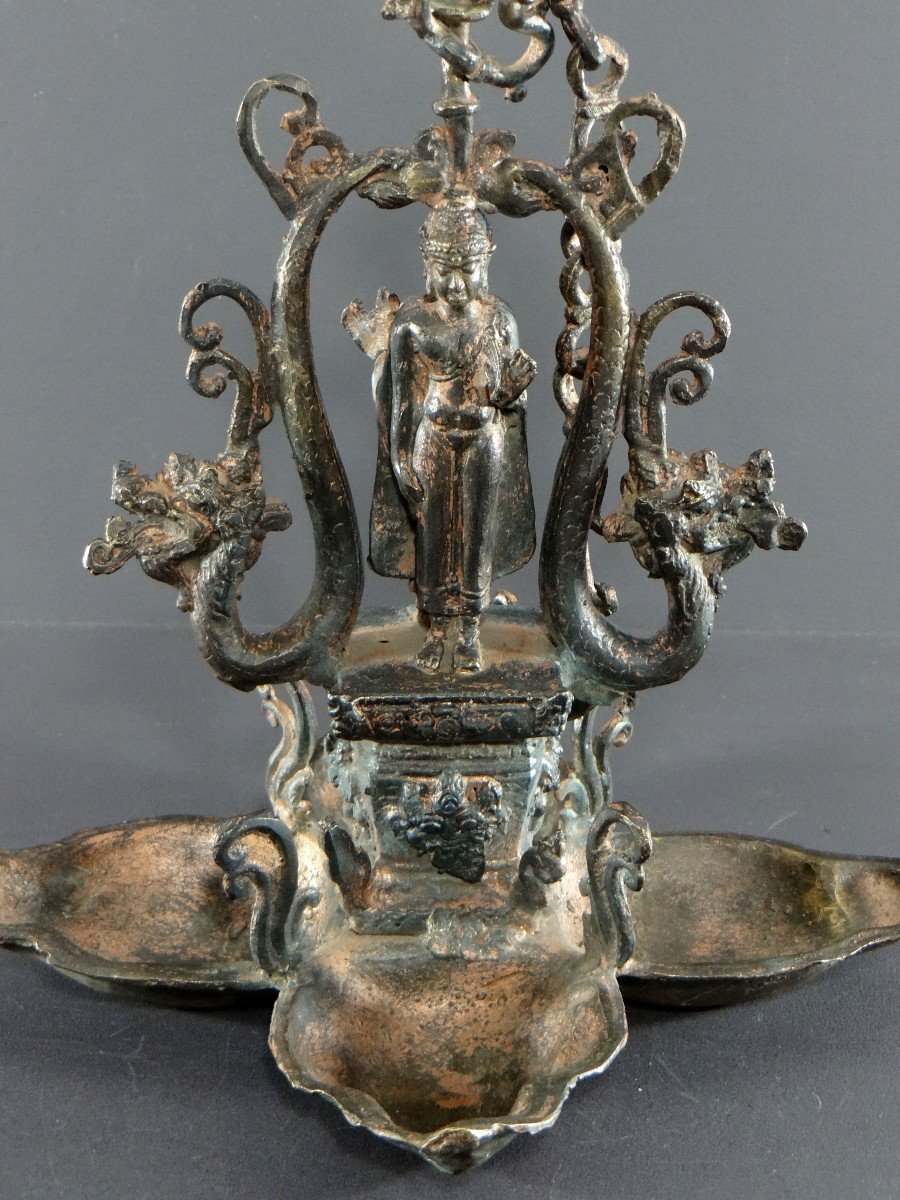 North India, First Half Of The 20th Century, Copper Bronze Temple Lamp Buddha Decor.-photo-4