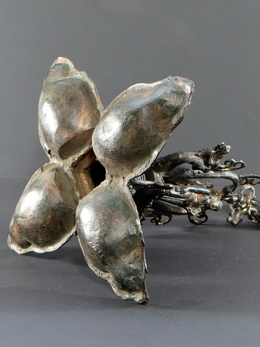 Inde Du Nord, Première Moitié Du XXème Siècle, Lampe De Temple Bronze Cuivré Décor De Bouddha.-photo-6