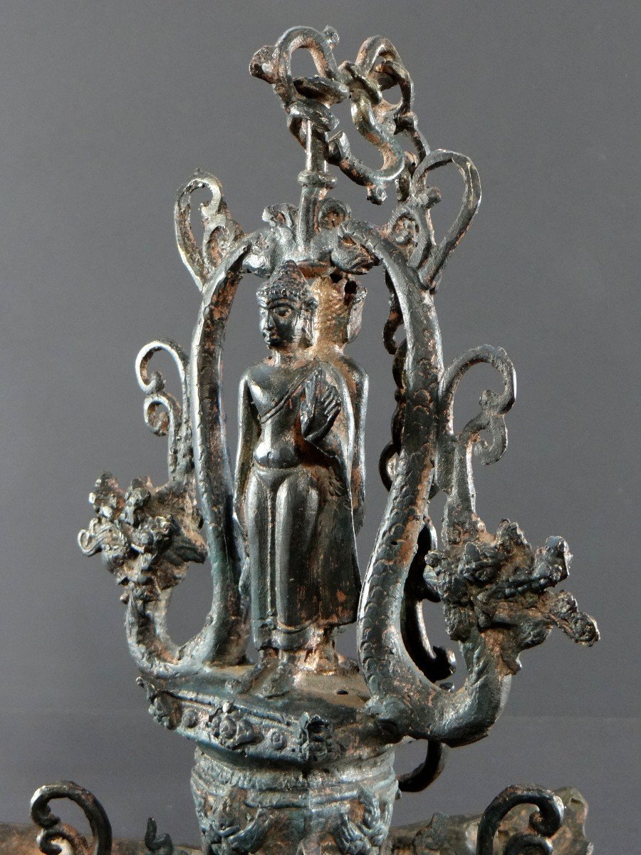 North India, First Half Of The 20th Century, Copper Bronze Temple Lamp Buddha Decor.-photo-7