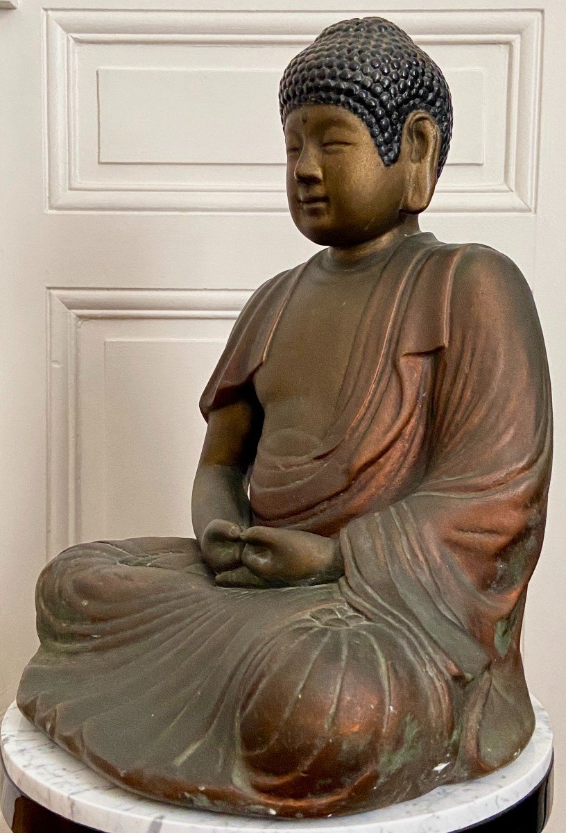 Chine, Années 1930/1950, Grande Statue De Bouddha En Plâtre Patiné.-photo-3