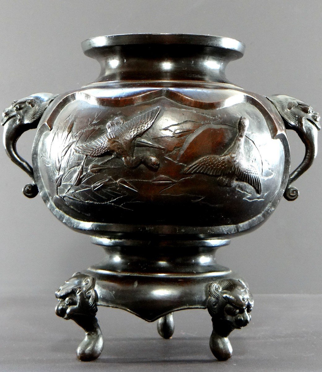 Japon, Début Du XXème Siècle, ère Meiji, Vase Tripode En Bronze Décor d'Oiseaux. -photo-4